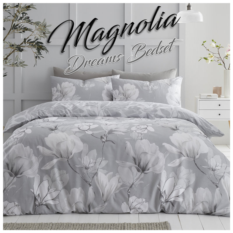 Floral Bedding Set - Polycotton Lightweight Duvet Cover with Matching Pillowcases - Single Double King, Single, Grey