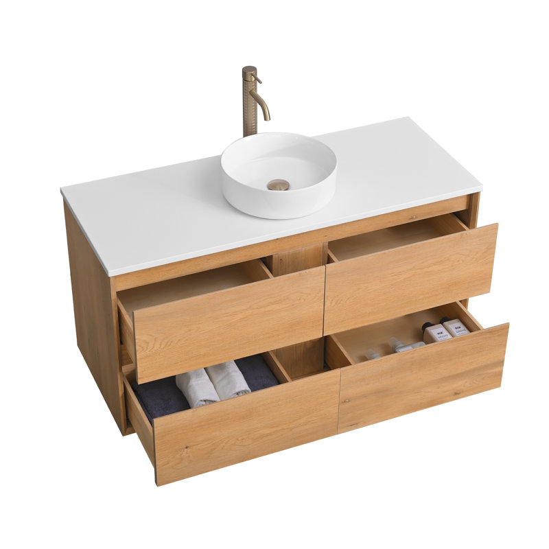 Meuble-lavabo mural moderne avec lavabo vasque et 2 tiroirs Modern, Rond, 48
