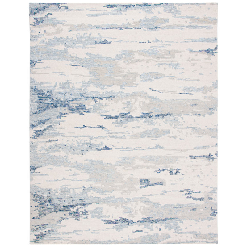 Ivory and Blue Abstract Hand-Tufted Wool 8' x 10' Rug