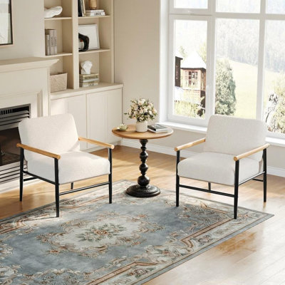 Fauteuil d'appoint beige bouclé avec accoudoirs en bois et structure en fer noir, fauteuil rembourré à un accoudoir pour salon, chambre ou coin lecture