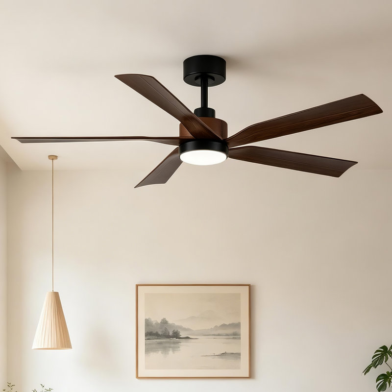 Ventilateur de plafond standard Tuscan 56 po, noir mat, avec tige de suspension, 5 pales, éclairage DEL à intensité variable, moteur CC et télécommande.
