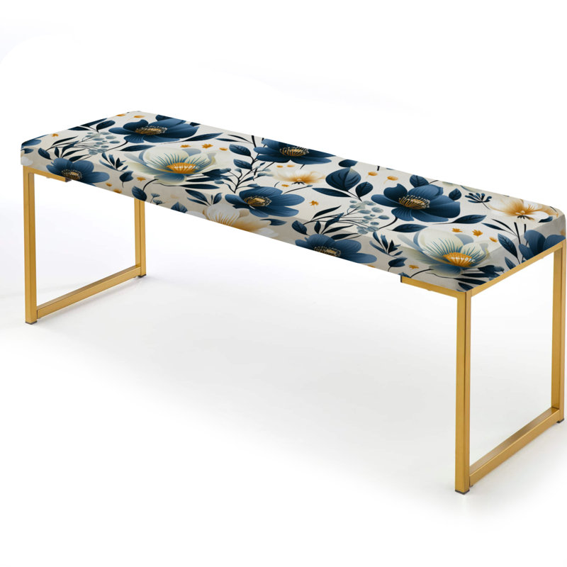 Floral Upholstered Gold Bench, Antique Blue Graceful Flowers I