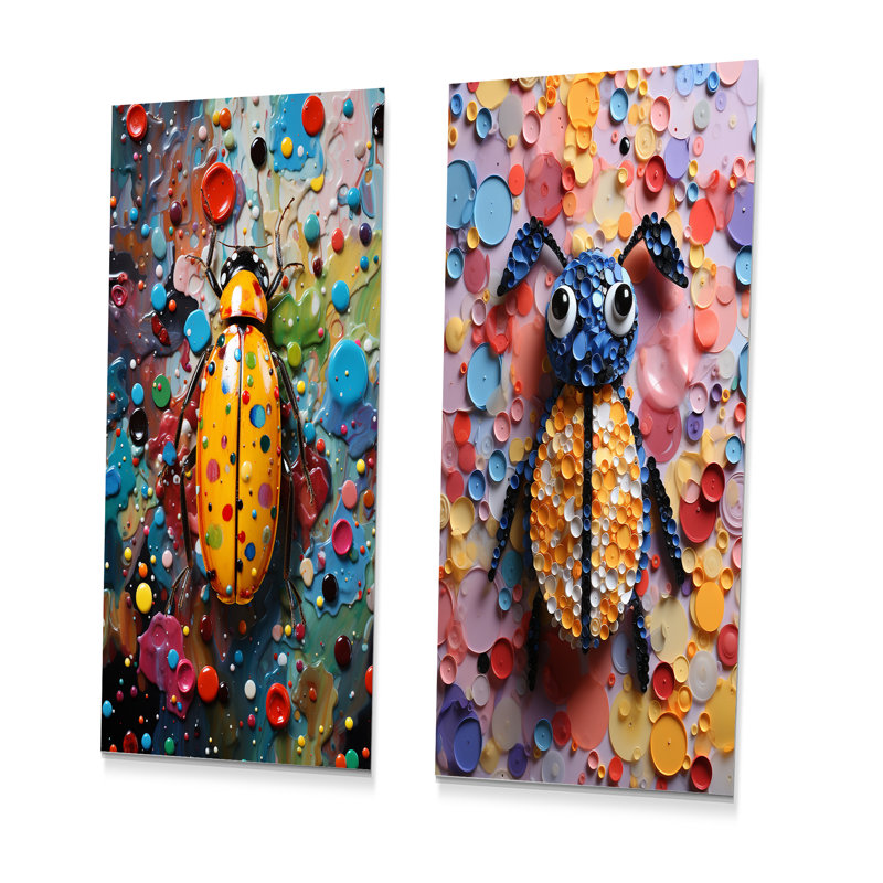 Insectes et insectes multicolores colorés - ensemble de 2 impressions murales en métal, H 28 po x l 24 po