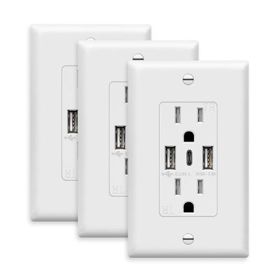 TopGreener 15 Amp Tamper-Resistant Receptacle 3-Port Type C / A USB Wall Outlet, White (3-Pack)
