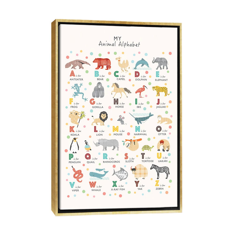 Animal Alphabet - impression d'art graphique, H 60 po x l 40po x P 1,5 po, Pas de tapis, Toile encadrée d'or
