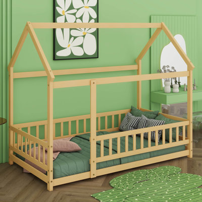 House Bed Frame, Montessori Floor Bed With Roof And Full Length Guardrails, Wooden Floor Bed Frame For Teens Adults