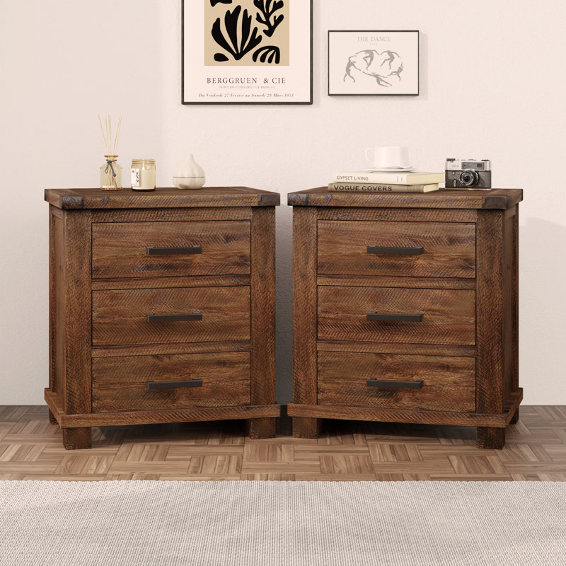 Rustic Three Drawer Reclaimed Solid Wood Farmhouse Nightstand Set Of Two, 2