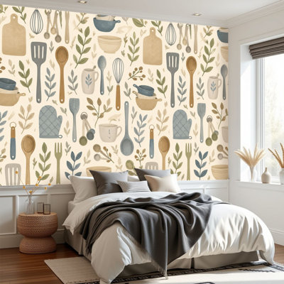Peel and Stick Wallpaper Minimalist Kitchen Utensils Botanical Earth Tones Wall Murals 69"H x 96"W Removable PVC Wall Paper Self-Adhesive Wall Decor for Bedroom Living Room Home Office