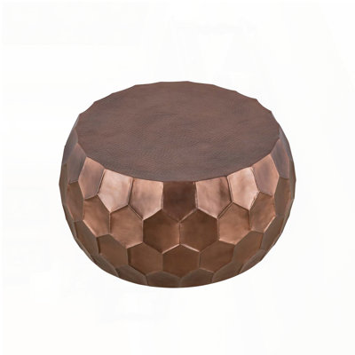 Round Hand-Hammered Coffee Table with Diamond-Patterned Base – Copper