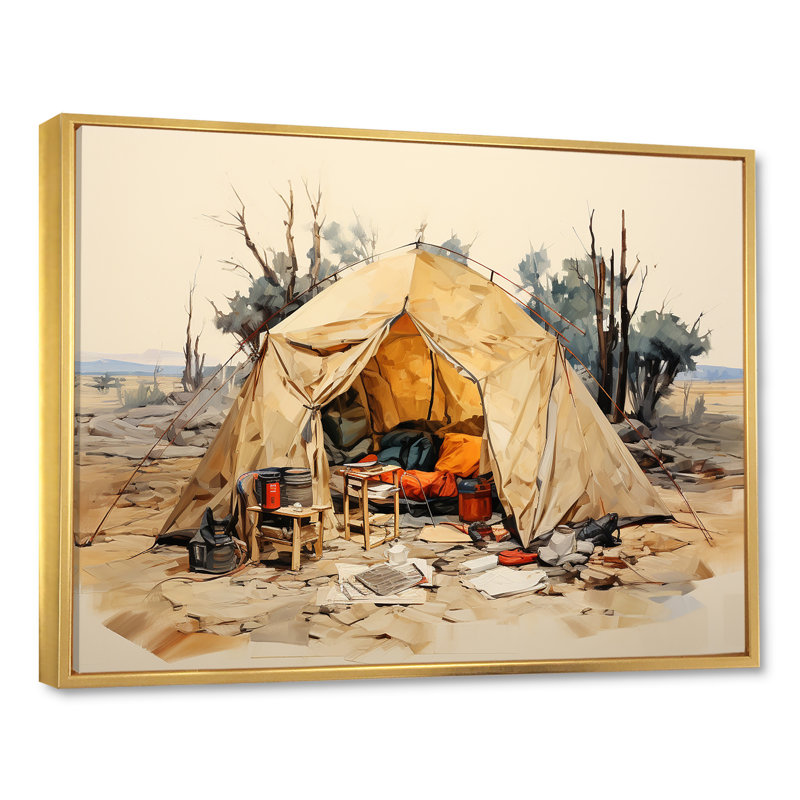 Camping Tent Outdoor Adventure III - Camping Travel Wall Decor, 12" H x 20" W x 1" D, Gold Floater Framed