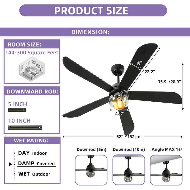  Ventilateur de plafond moderne de 52 po avec lumière et télécommande, Noir, Noir