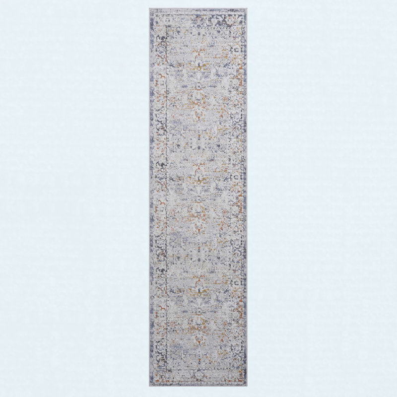 Runner Rug Synthetic Fiber Stain Resistant Non-Shedding Traditional Ivory Grey Medium 2' x 8'
