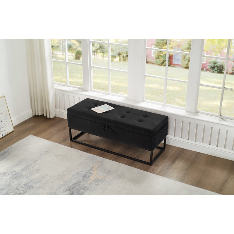 Jiayi 46.1'' Velvet Upholstered Storage Bench, Black, Black