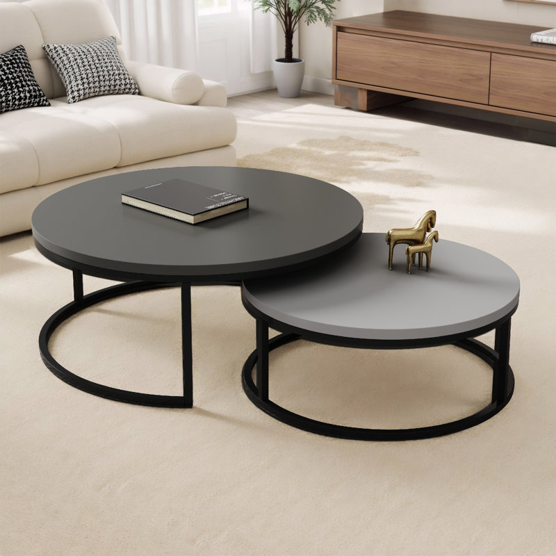 Nesting Coffee Tables Set of 2, Round Walnut & Black Metal Frame, Modern End Tables for Small Spaces, Living Room, Apartment (80 & 60cm)
