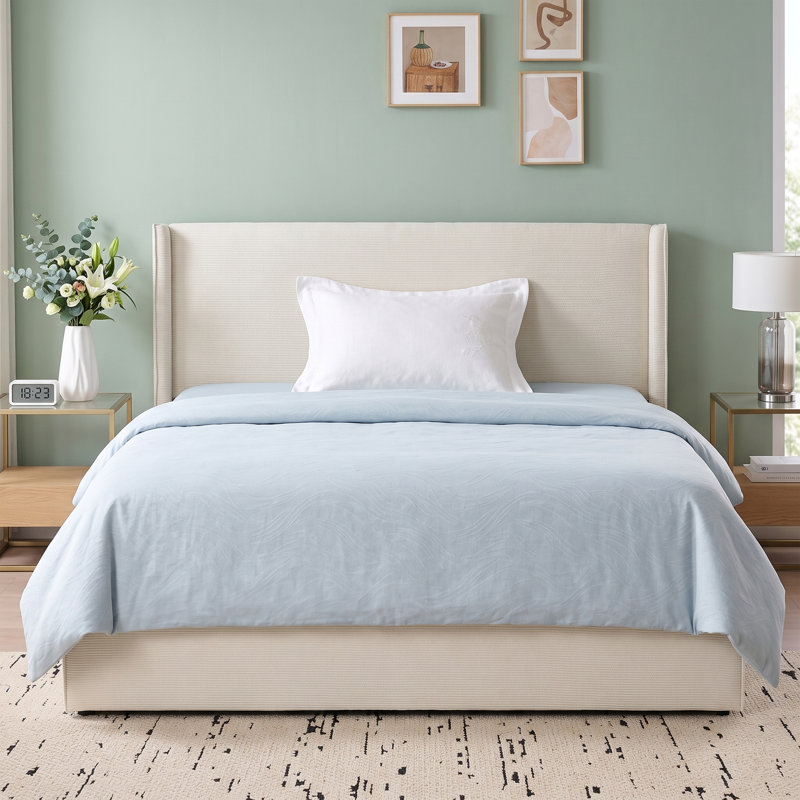 Queen Corduroy Upholstered Platform Bed Frame with Wingback Headboard  & 4 Storage Drawers, No Box Spring Needed, Cream