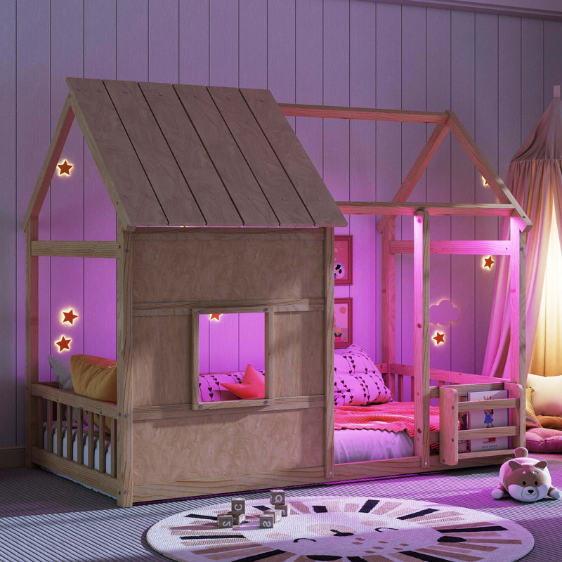 Twin-Sized House-Style Floor Bed With 7-Color LED Lights, Natural Color, Natural