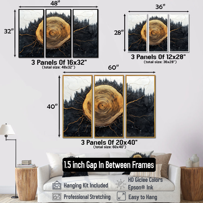 Glace en bois forêt sur cristal onyx noir - décoration murale forêt - 3 pièces, H 28 po x l 36 po, Argent argent