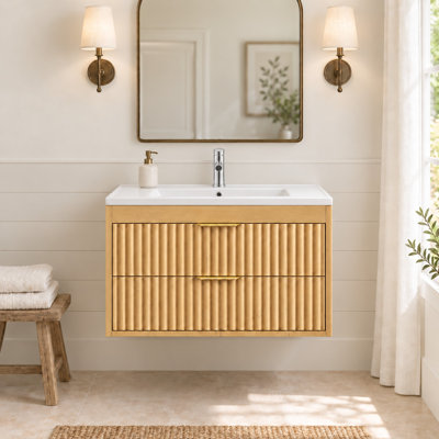 Meuble-lavabo flottant de 30 po avec lavabo, armoire murale avec 2 tiroirs cannelés et poignée en métal, armoire murale pour salle de bain, jaune naturel