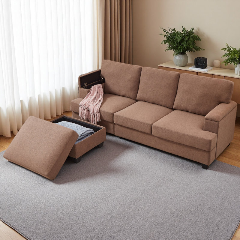 Canapé en L de 86 po avec organiseur d'accoudoirs, canapés à 3 places avec repose-pieds mobile, canapé modulaire confortable avec coussin épais, canapés modulaires en lin pour le salon