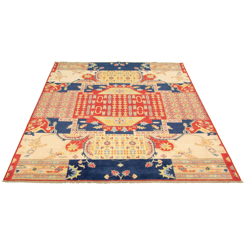 Tapis unique en laine noué à la main gazni rouge et doré des années 2010 de 8 pi 2 po x 9 pi 9 po Qaiden