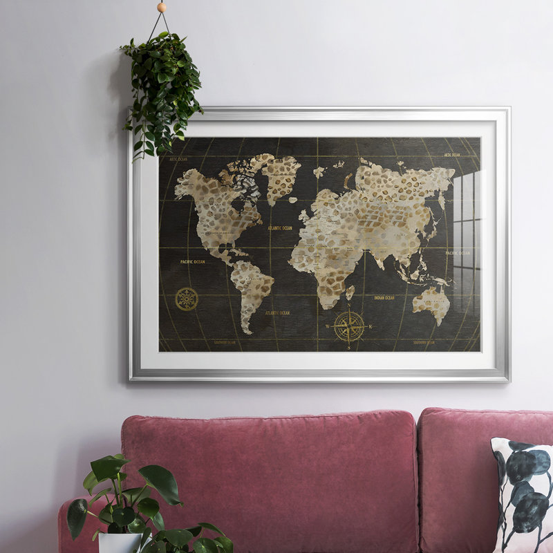 " Safari World Map ", Silver, 27" H x 39" W x 1.5 D