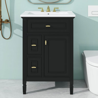 Meuble-lavabo autoportant de 24 pouces avec lavabo - Armoire en bois massif et panneau de fibres à densité moyenne, un tiroir rabattable, deux tiroirs standard, une tablette réglable