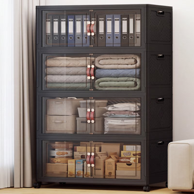Extra Large 4-Tier Stackable Storage Bins with Lids & Wheels & Door, Foldable Collapsible Closet Organizers, Plastic Containers Drawers for Bedroom Dorm