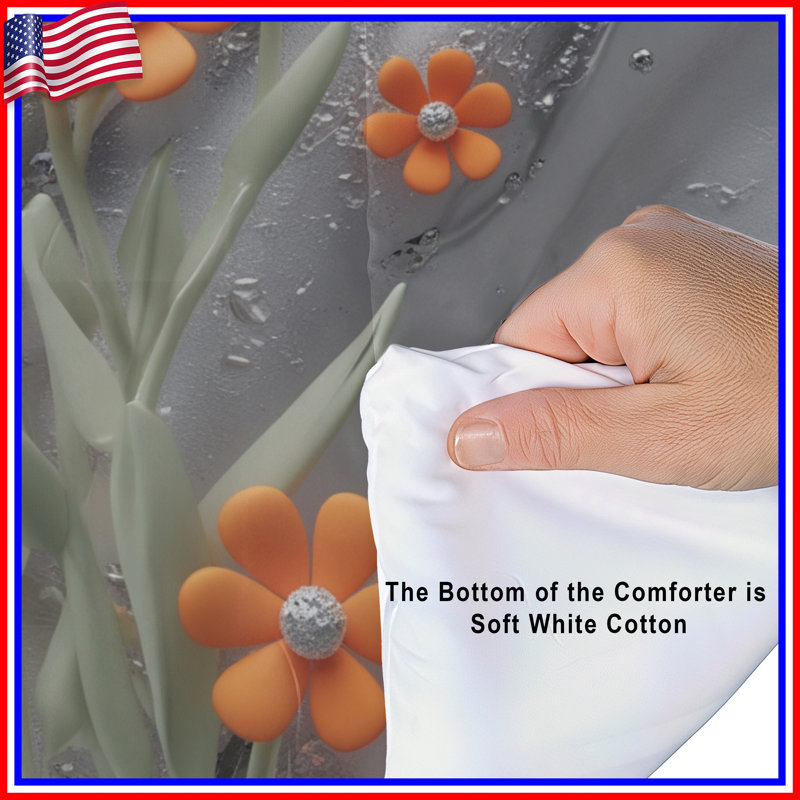 Orange Flowers On Silver Comforter, Twin