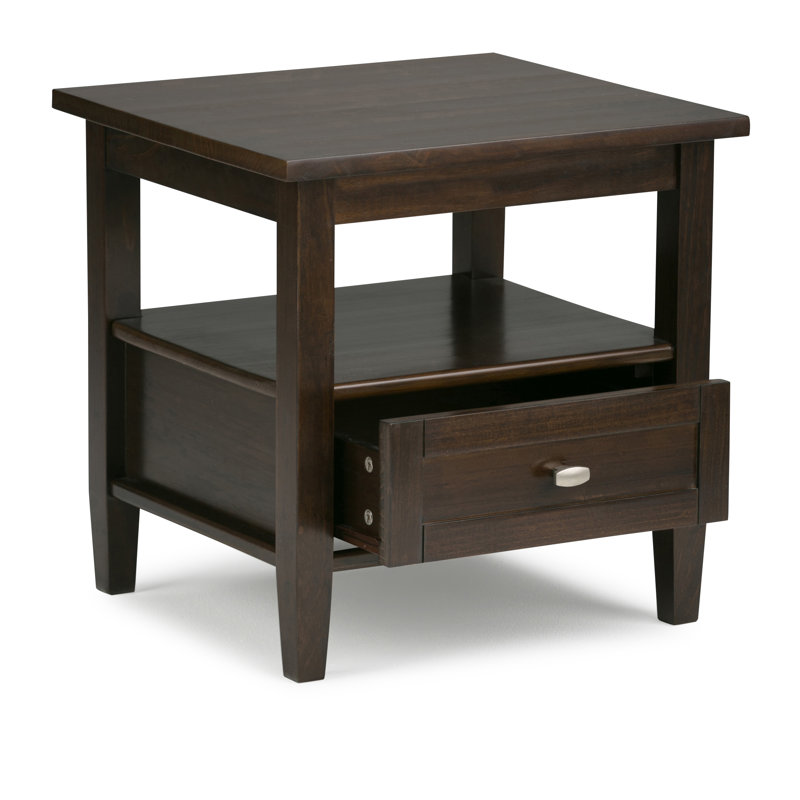 Table de bout transitionnelle en bois massif avec tiroir de rangement de style Shaker chaleureux, Brun tabac