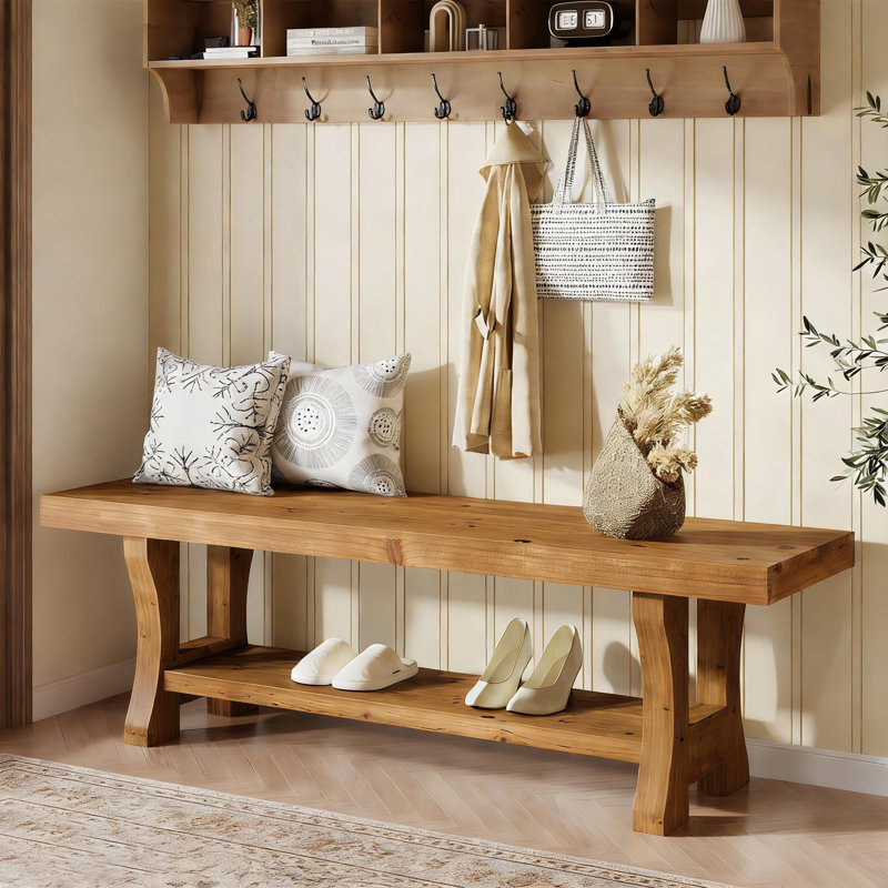Banc de 55 po en bois massif, banc de bout long à 2 niveaux, Brun