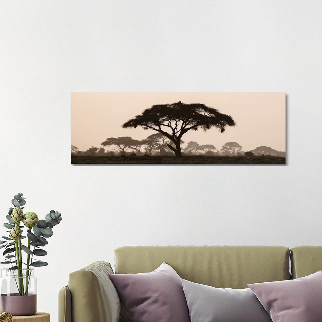 Africa, Kenya, Maasai Mara National Reserve. Silhouette of Umbrella Thorn Acacia Tree at Sunset by Jaynes Gallery - Wrapped Canvas Photograph