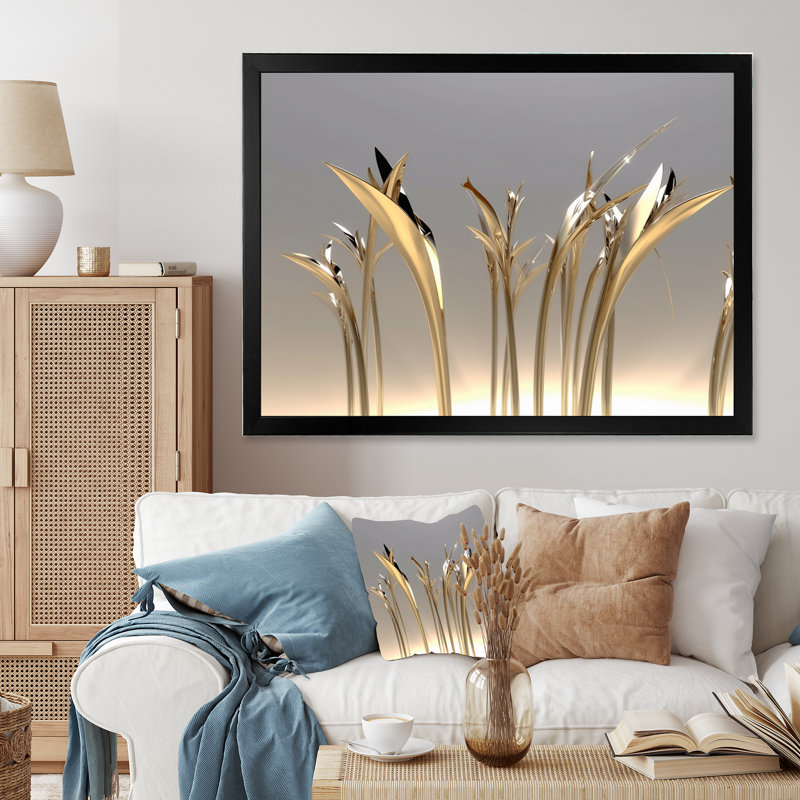 «Golden Twig Blossoming», impression sur toile, H 16 po x l 32 po x P 1 po, Cadre simple noir