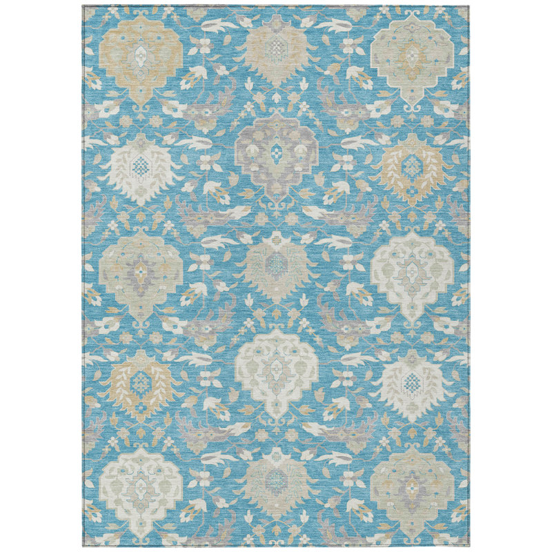 Tapis intérieur / extérieur lavable 10 pi x 14 pi bleu sarcelle, gris et ivoire