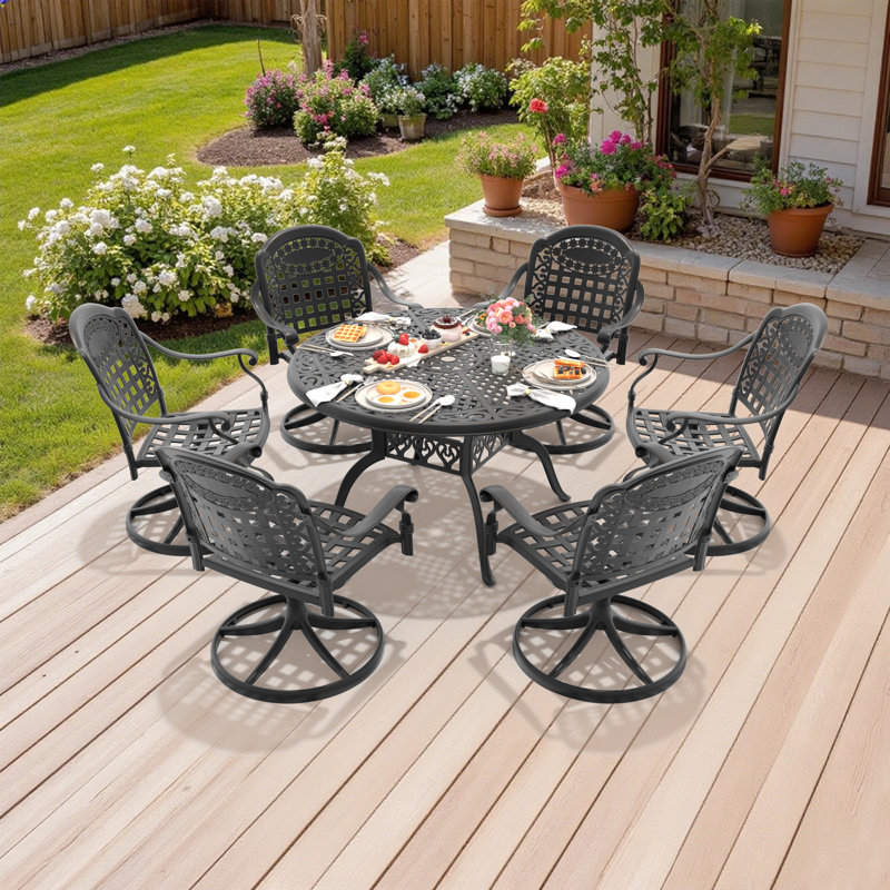 7-Piece Round Cast Aluminum Outdoor Patio Dining Set with Swivel Chairs & Cushions & Umbrella Hole, 6