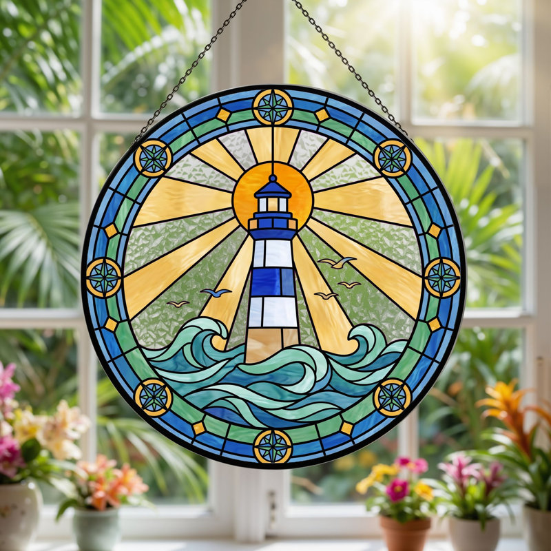 Panneau de vitrail de scène de phare - 7,8 heures, H 7,8 po