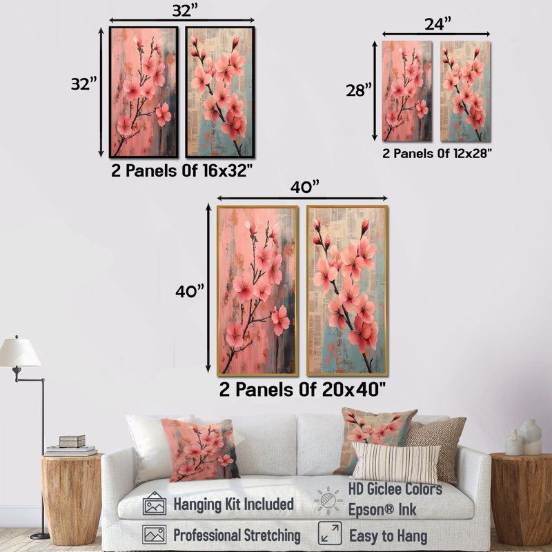 Ensemble de 2 pièces de fleurs de cerisier roses et bleues, H 28 po x l 24 po, Toile tendue sur cadre, Ne s’applique pas