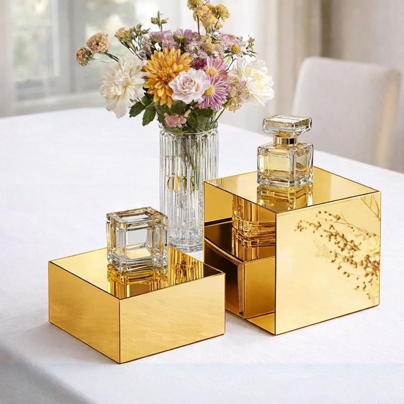 4Pcs Gold Acrylic Mirrored Display Risers – Set of 4 Sizes (5", 6", 7", 8") for Buffet, Dessert, Perfume, Jewellery, Party Centrepieces