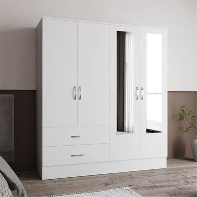 Armoire 160, armoire à 4 portes, deux miroirs, quincaillerie en métal, deux tiroirs, tringle, dix tablettes, chambre blanche