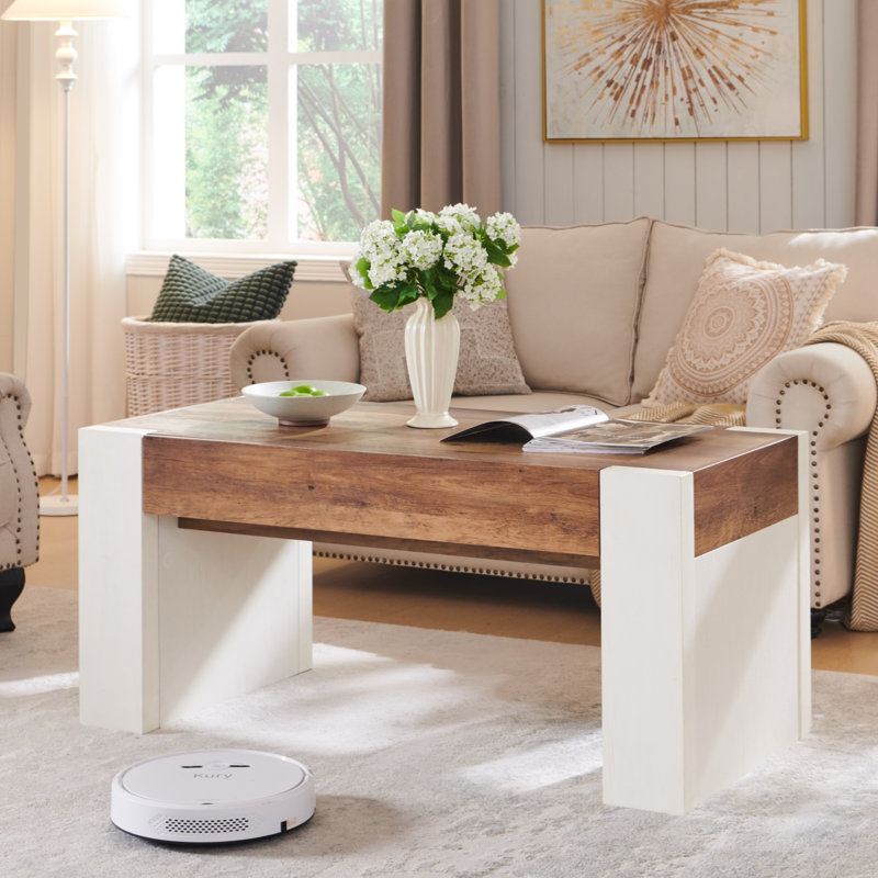 48" Modern Farmhouse Coffee Table With Hidden Storage Drawer,wood Thick Design For Living Room, Brown, White Wood