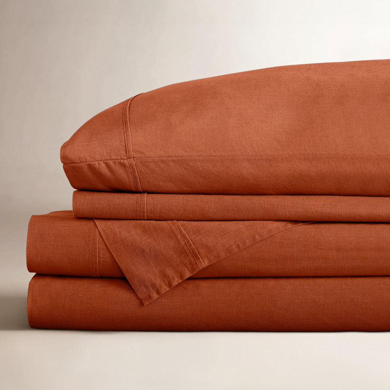 Jeffen Linen Blend Sheet Set, Queen Sheet Set + 1 Fitted Sheet + 2 Pillowcases, Rust