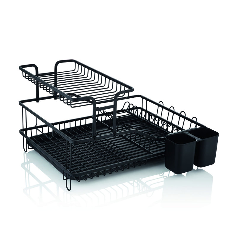 Swan SWKA5070BLK Stealth 15 Plate Dish Rack with Removable Cutlery Holder, Drip Tray, Space Saving Two Tier Design, Iron Body, Black
