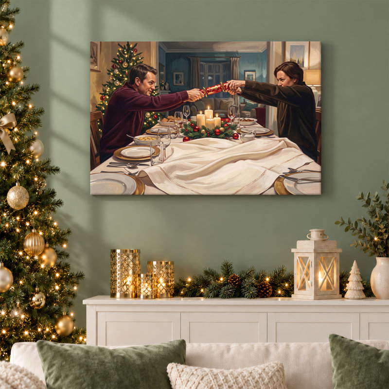 " Couple Pulling Red Cracker At Candlelit Dinner Christmas " Painting, H 12 po x l 18 po