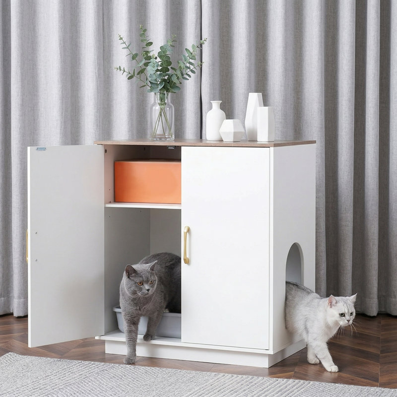 Grande boîte à litière pour chat moderne avec rangement caché, 30,9 pouces de hauteur, table d'appoint / table de bout, blanc et brun