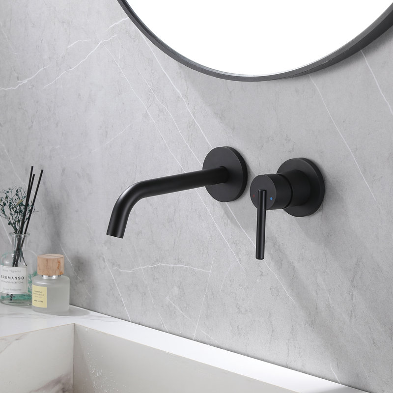 Solid Brass Wall Mounted Bathroom Sink Faucet With Optional Drain Assembly, Matte Black, Without Drain