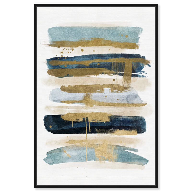 «Abstract Ocean Line» bleu / or / beige - impression sur toile, H 30 po x l 20 po, Cadre flottant noir