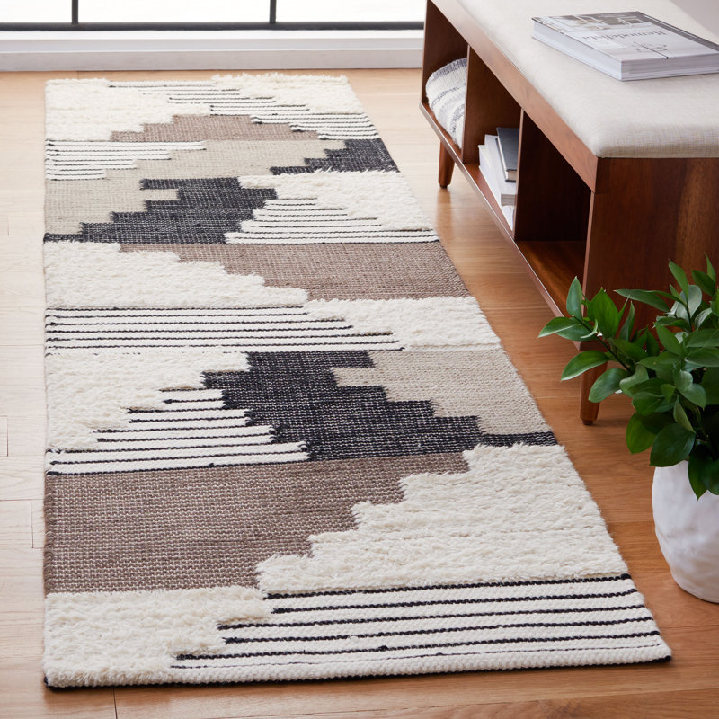 Tapis noir / ivoire en laine tissé à la main Ingelene, Tapis de couloir 2 pi 3 po x 8 pi