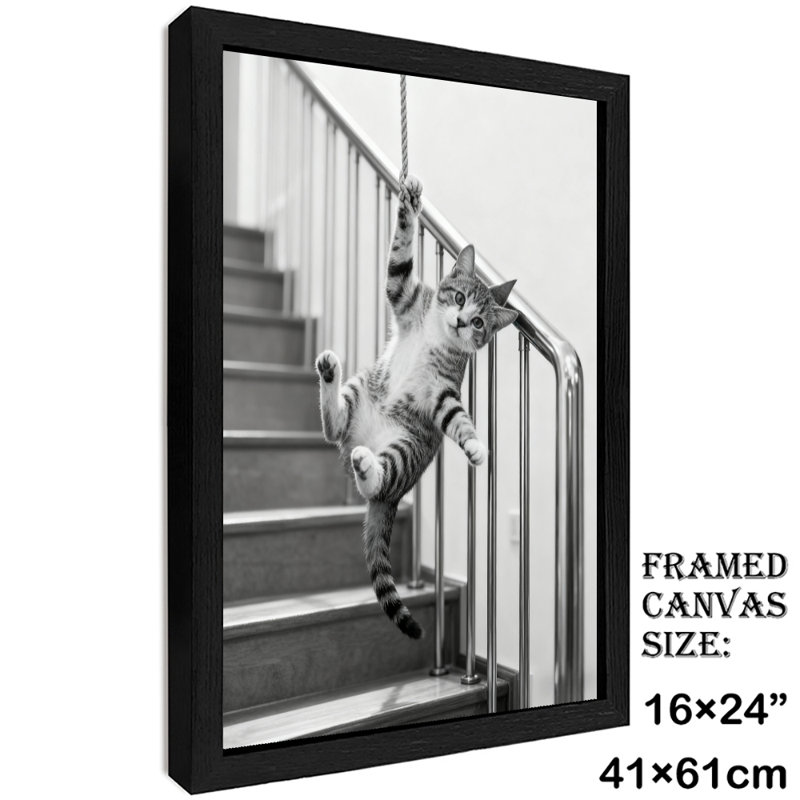 Reproduction d'art encadrée noire rétro sur fond gris par chats, H 25 po x l 17 po