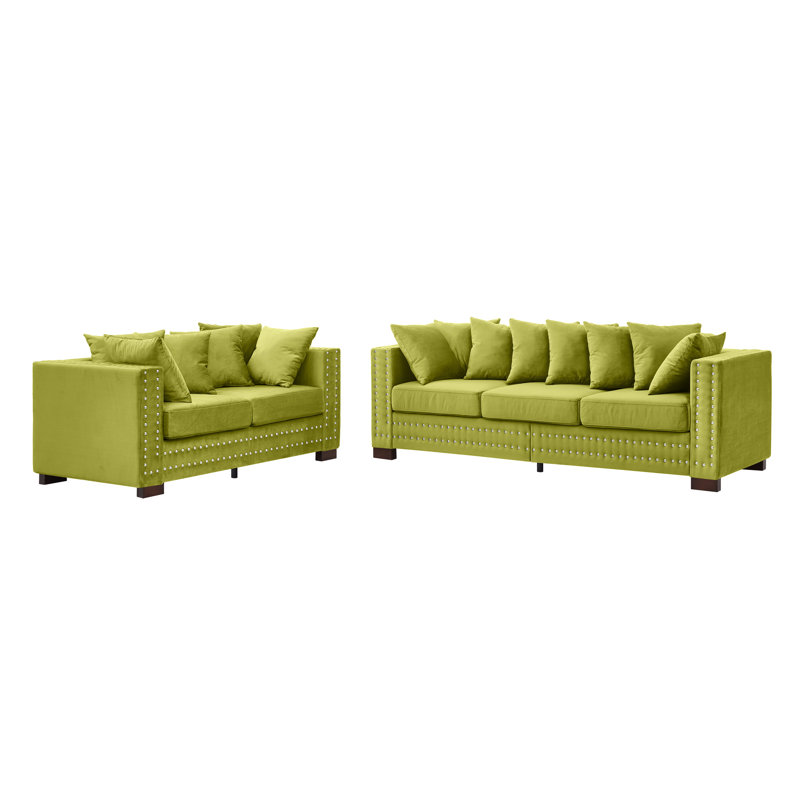 Velours moderne 2 + 3 places avec accoudoirs carrés, clous argentés, ressorts ensachés, coussins décoratifs et coussins décoratifs, housses lavables