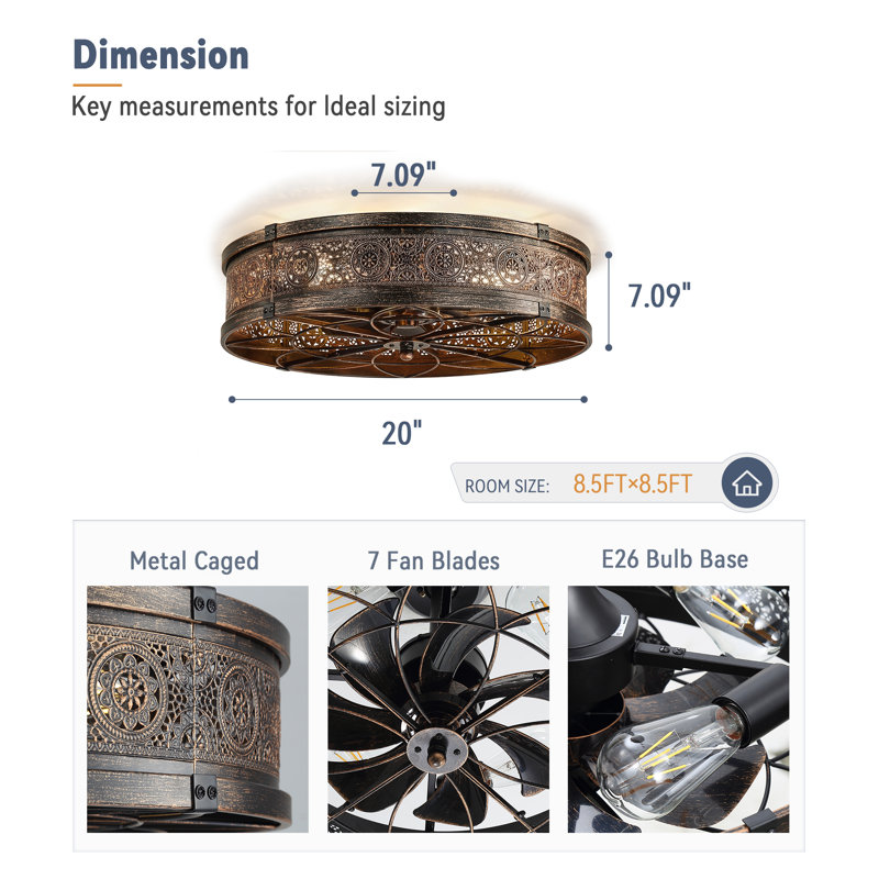 Cissline 20" Black&Gold  Sunburst Flush Mount Ceiling Fan with Light Kit and Remote & App Control