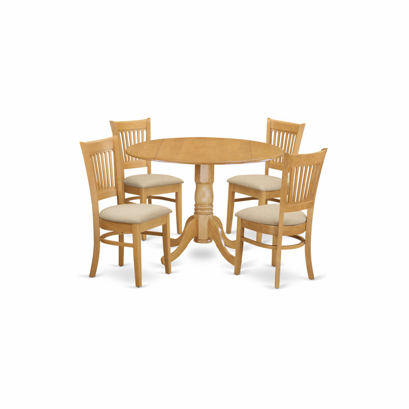 5 Piece Kitchen Table & Chairs Set Includes a Round Dining Room Table with Dropleaf and 4 Linen Fabric Chairs, Oak, Oak